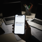 Mão segurando celular com SMS sobre ‘atualização do CNPJ’, remetente e link desfocados para ilustrar golpe.