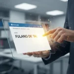 Mão de um profissional usando uma ferramenta digital para apagar um nome de um processo judicial em um tablet, simbolizando a remoção de dados e a proteção da privacidade online.