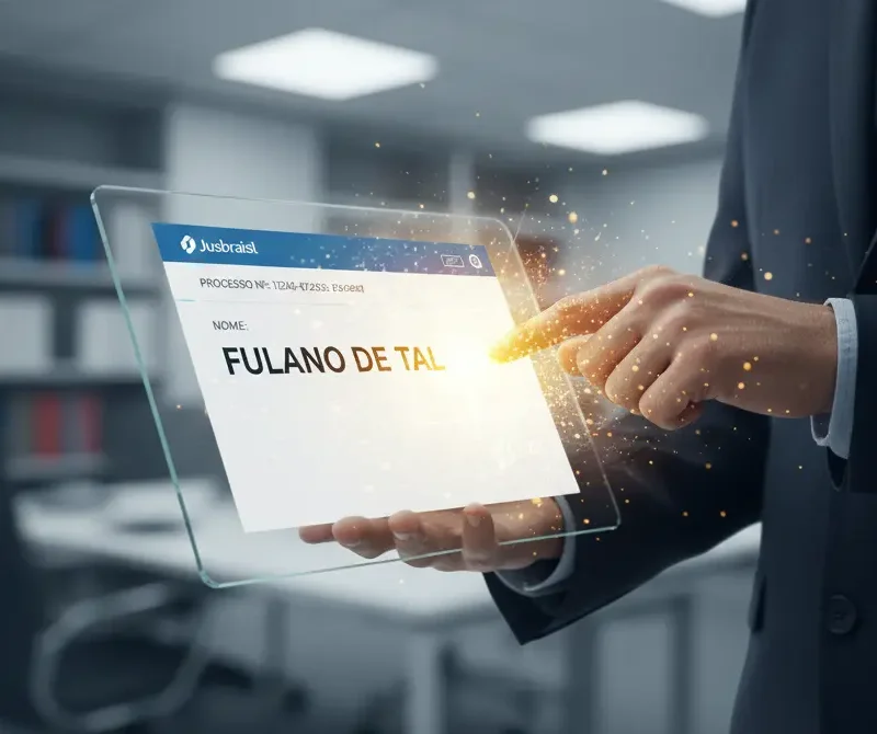 Mão de um profissional usando uma ferramenta digital para apagar um nome de um processo judicial em um tablet, simbolizando a remoção de dados e a proteção da privacidade online.