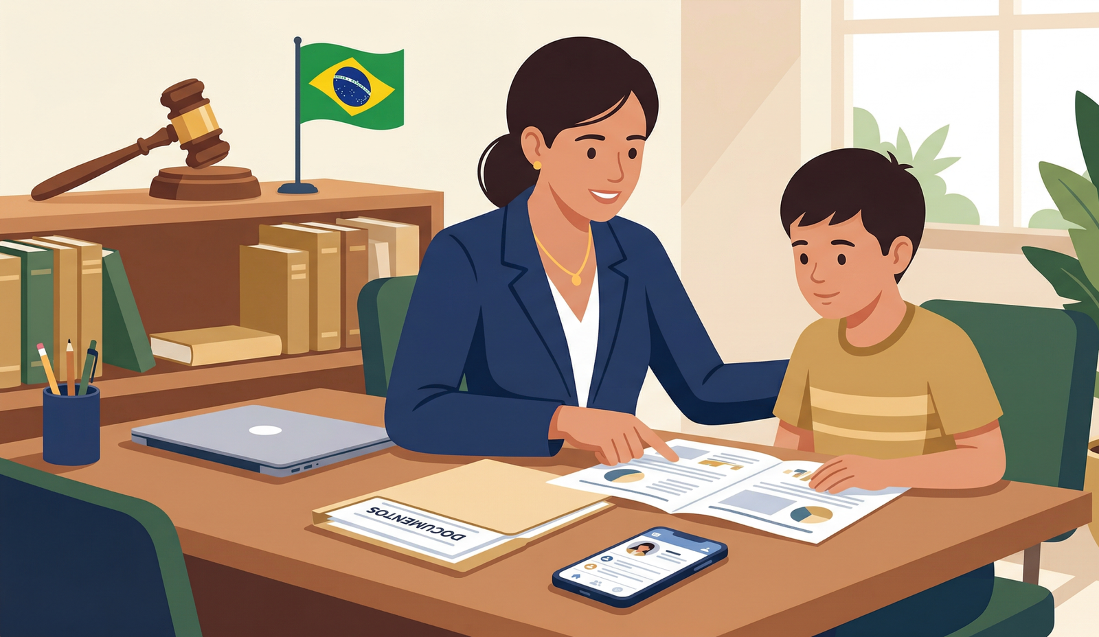 Pais e filho reunindo documentos para solicitar alvará judicial para influencer mirim conforme a Lei 15.211/2025