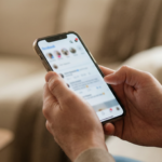 Mãos de pai segurando smartphone com notificação de bloqueio — risco de bloqueio conta Instagram influencer mirim sem alvará judicial