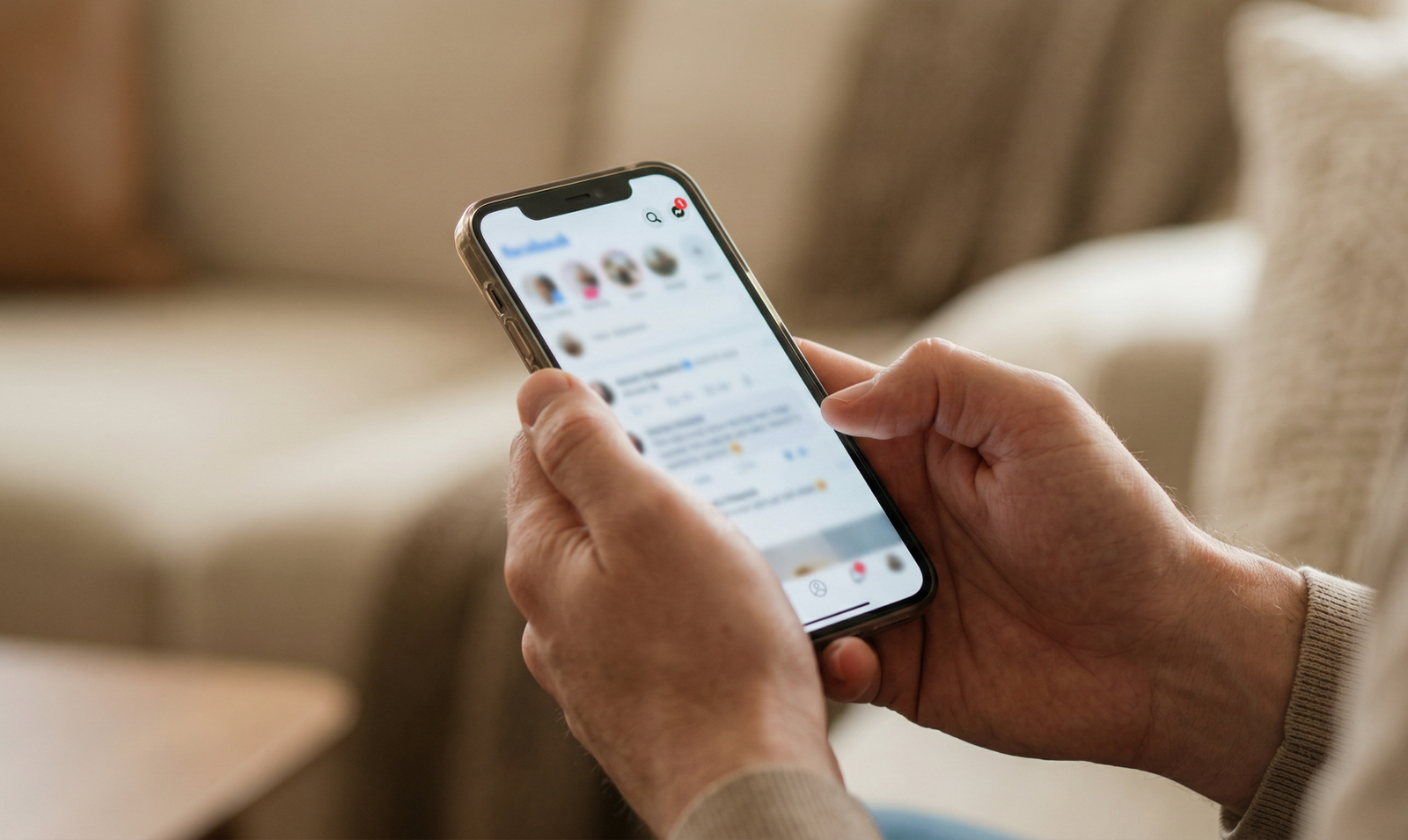 Mãos de pai segurando smartphone com notificação de bloqueio — risco de bloqueio conta Instagram influencer mirim sem alvará judicial