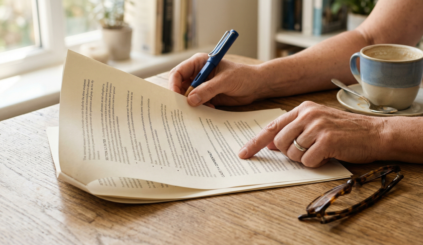 Mãos de pai lendo atentamente contrato com marca antes de assinar parceria de influencer mirim — identificando cláusulas abusivas