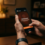 Mãos de pai segurando smartphone com conta suspensa de influencer mirim — estratégia jurídica para recuperar o perfil bloqueado