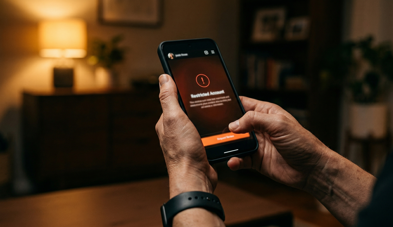 Mãos de pai segurando smartphone com conta suspensa de influencer mirim — estratégia jurídica para recuperar o perfil bloqueado