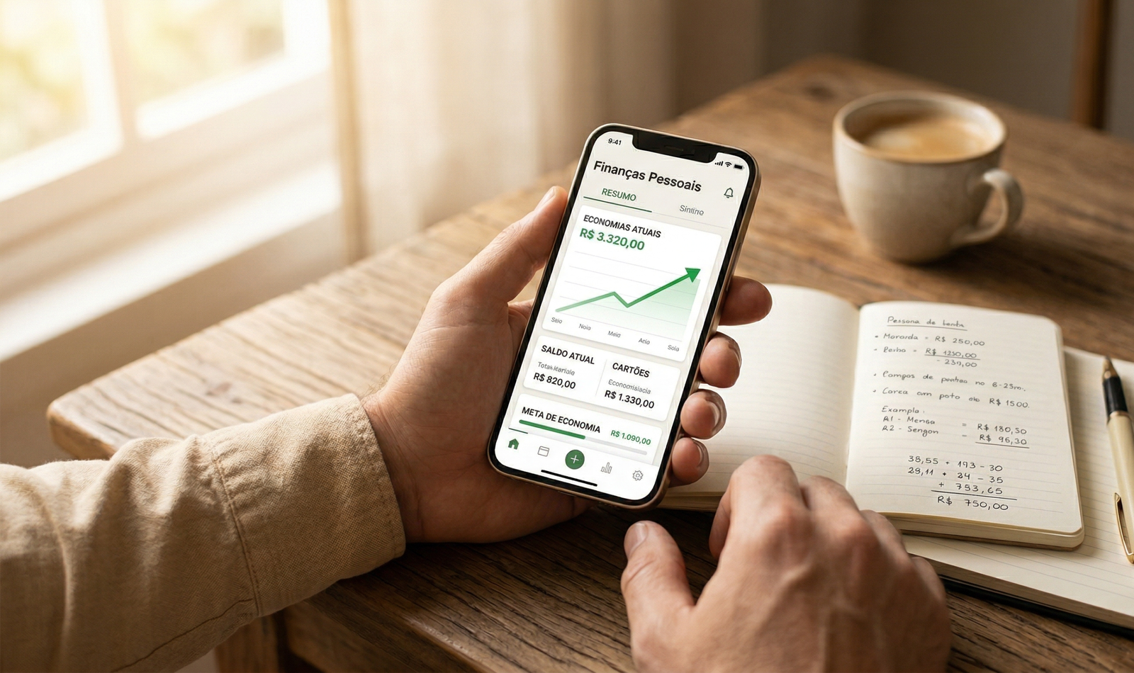 Mãos de pai planejando gestão financeira dos ganhos do filho influencer mirim com smartphone e caderno de anotações
