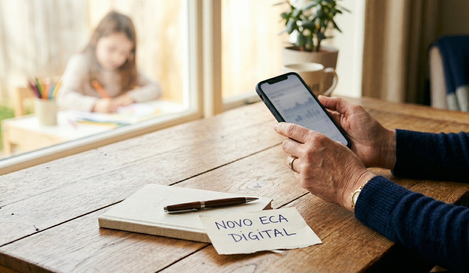 Mãos adultas segurando checklist e celular — guia pais influencer mirim à luz do ECA digital 2026