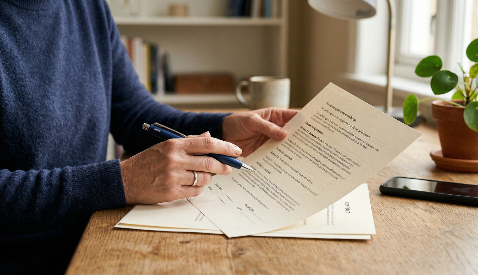 Mãos de pai revisando contrato com cláusula de dados pessoais antes de assinar parceria de influencer mirim — proteção pela LGPD
