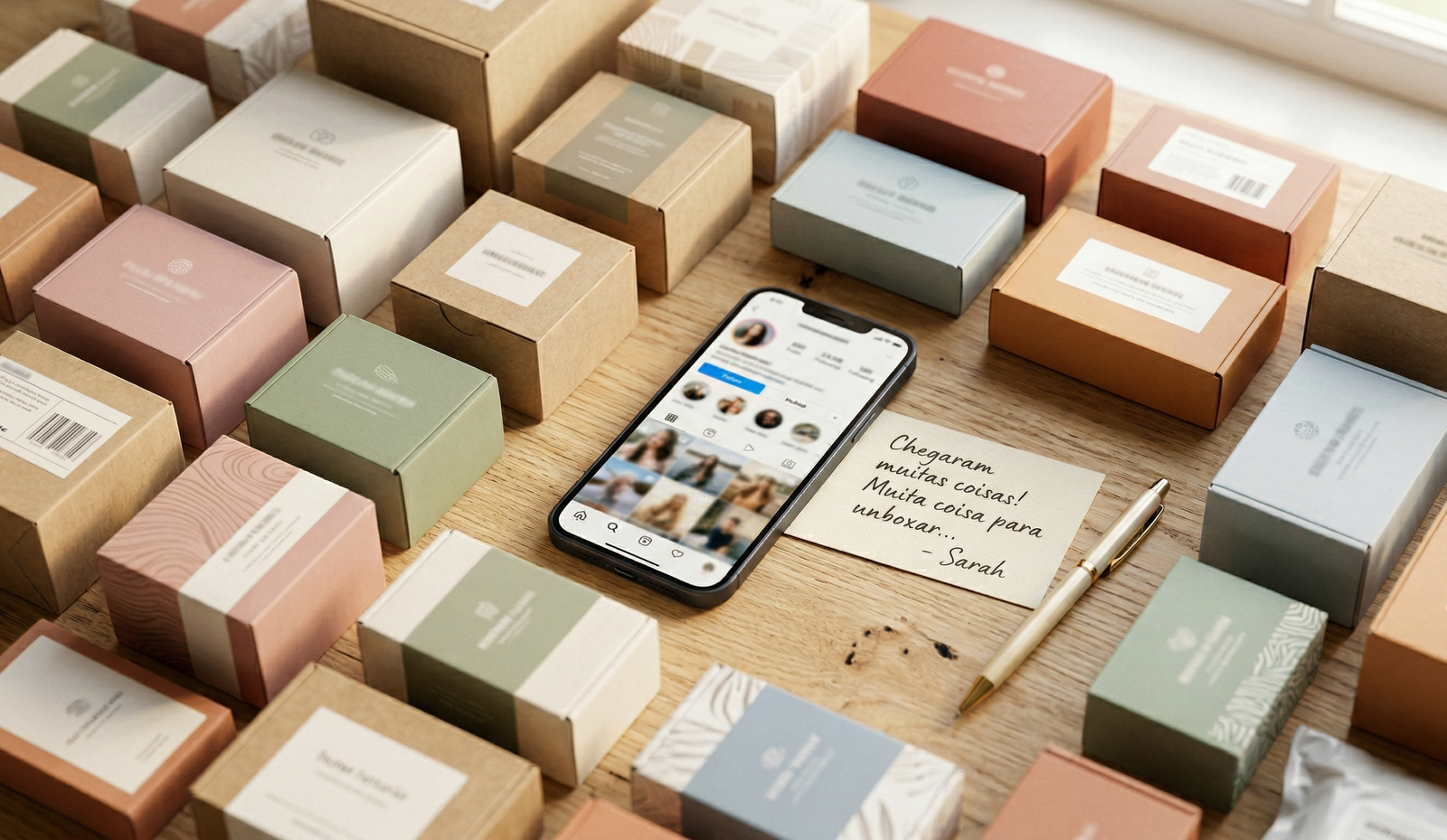 Produtos recebidos por influencer mirim organizados ao lado de smartphone com redes sociais — mimos e permutas podem exigir alvará judicial