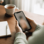 Mãos adultas segurando smartphone com foto censurada — o que não publicar sobre filho nas redes sociais para proteger a privacidade