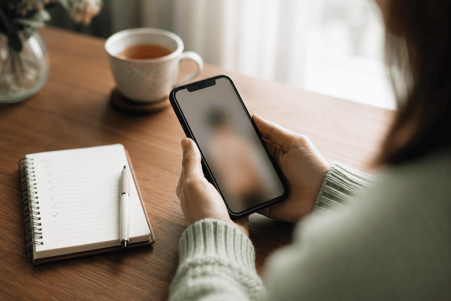 Mãos adultas segurando smartphone com foto censurada — o que não publicar sobre filho nas redes sociais para proteger a privacidade